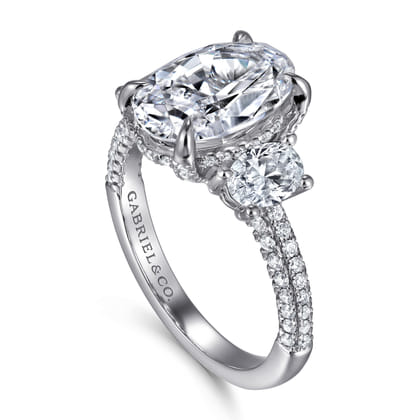 Ferah - 14K White Gold Oval Cut Three Stone Hidden Halo Diamond Engagement Ring