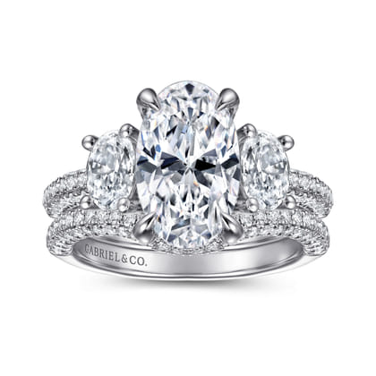 Ferah - 14K White Gold Oval Cut Three Stone Hidden Halo Diamond Engagement Ring