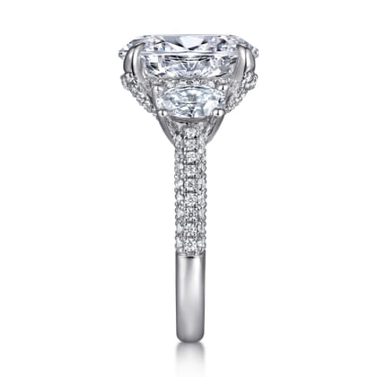 Ferah - 14K White Gold Three Stone Oval Cut Diamond Engagement Ring