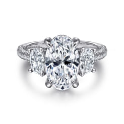 18K White Gold Oval Cut Three Stone Hidden Halo Diamond Engagement Ring
