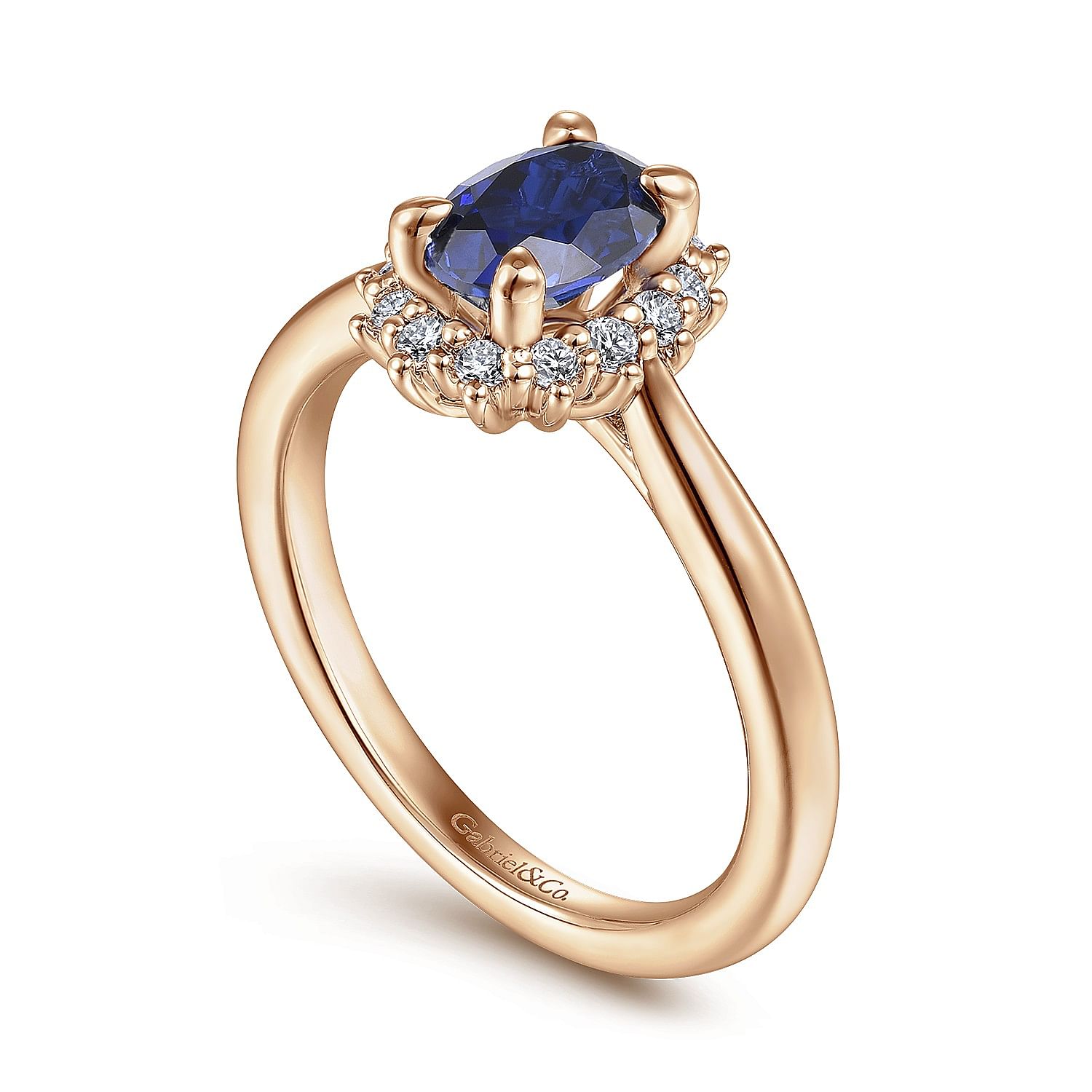 Fergie - 14K Rose Gold Oval Halo Diamond and Sapphire Engagement Ring - 0.17 ct - Shot 3