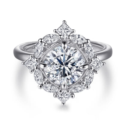 Fernanda - 14K White Gold Compass Prong Round Halo Diamond Engagement Ring