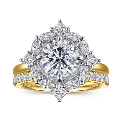 Fernanda - 14K White-Yellow Gold Compass Prong Round Halo Diamond Engagement Ring