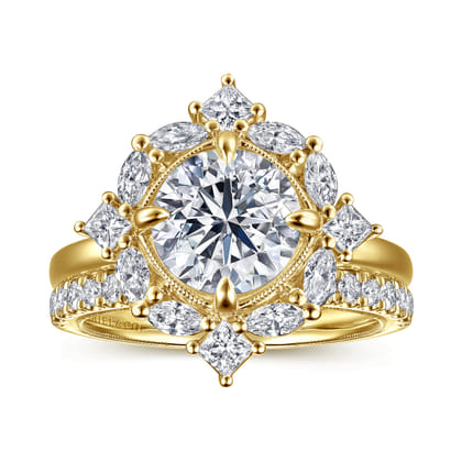 Fernanda - 14K Yellow Gold Compass Prong Round Halo Diamond Engagement Ring