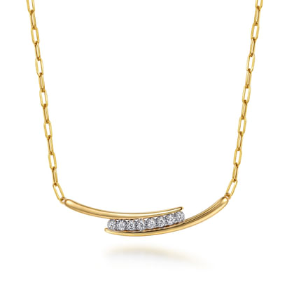 Fiora - 14K White  Yellow Gold Diamond Bar Necklace With Hollow Paperclip Chain