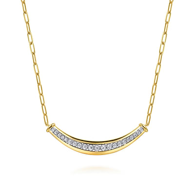 Fiora - 14K White  Yellow Gold Diamond Bar Necklace With Hollow Paperclip Chain