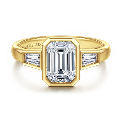 Fiorenza - 14K Yellow Gold Emerald Cut Three Stone Bezel Set Diamond Engagement Ring