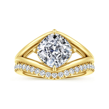 Fiori - 14K Yellow Gold Split Shank Compass Prong Cushion Cut Diamond Engagement Ring