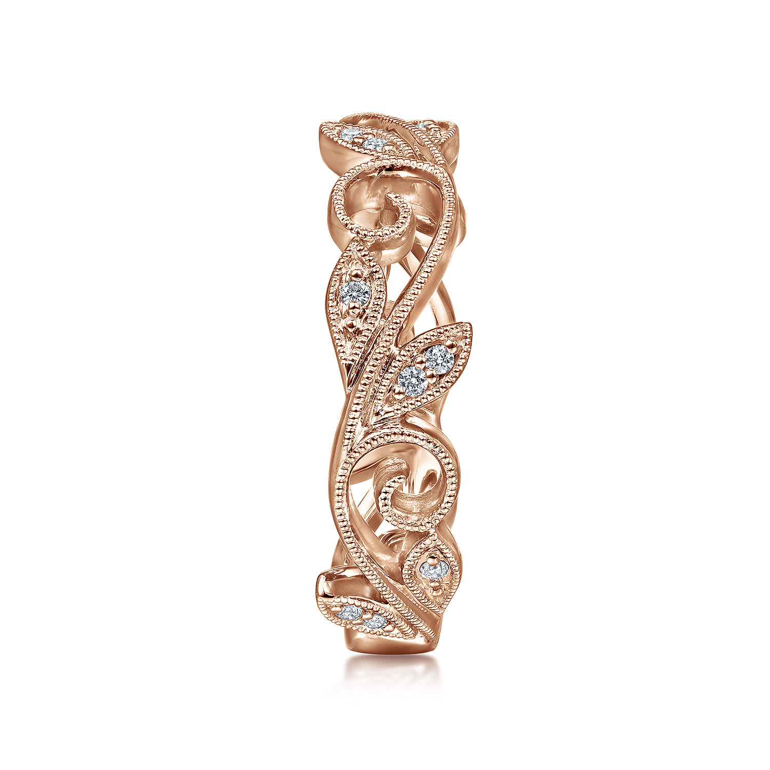 Flora - 14K Rose Gold Scrolling Floral Diamond Stackable Ring - 0.09 ct - Shot 4