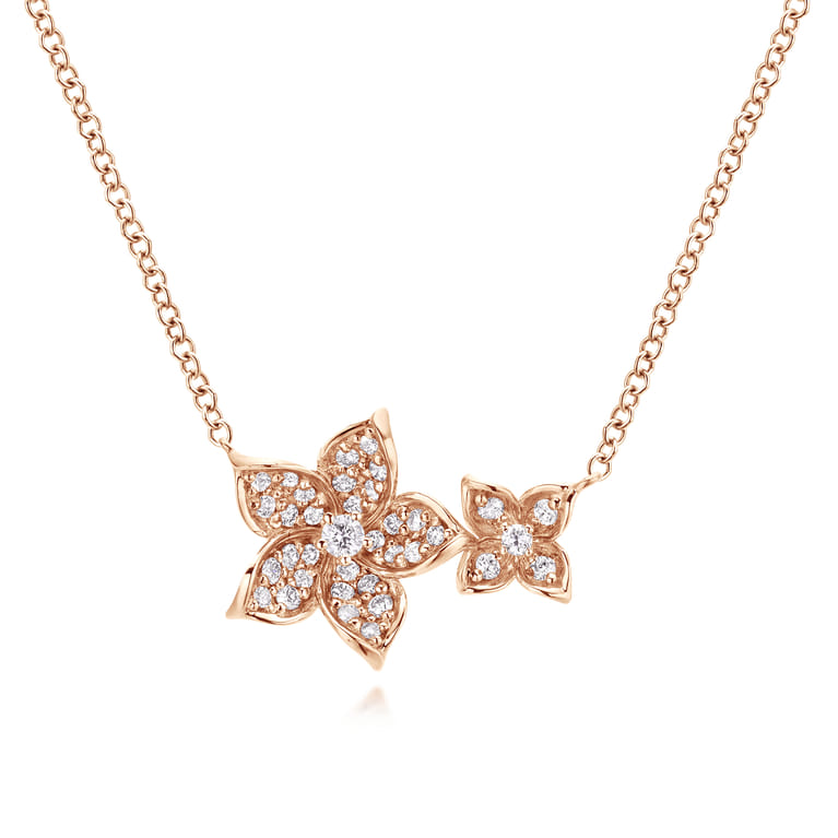 Floral - 14K Rose Gold Double Pave Diamond Flower Necklace - 0.25 ct - Shot 1