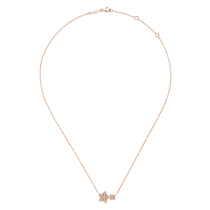 Floral - 14K Rose Gold Double Pave Diamond Flower Necklace