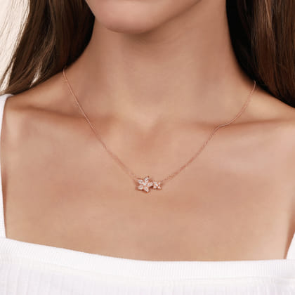 Floral - 14K Rose Gold Double Pave Diamond Flower Necklace