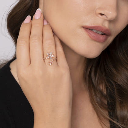Floral - 14K Rose Gold Floral Bypass Diamond Ring
