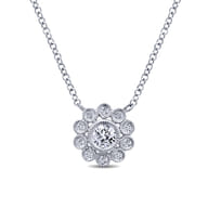 Floral - 14K White Gold Bezel Set Floral Diamond Pendant Necklace