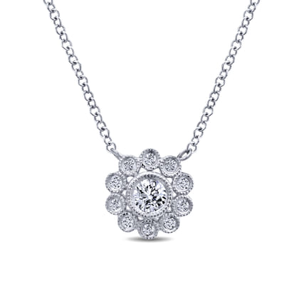 Floral - 14K White Gold Bezel Set Floral Diamond Pendant Necklace