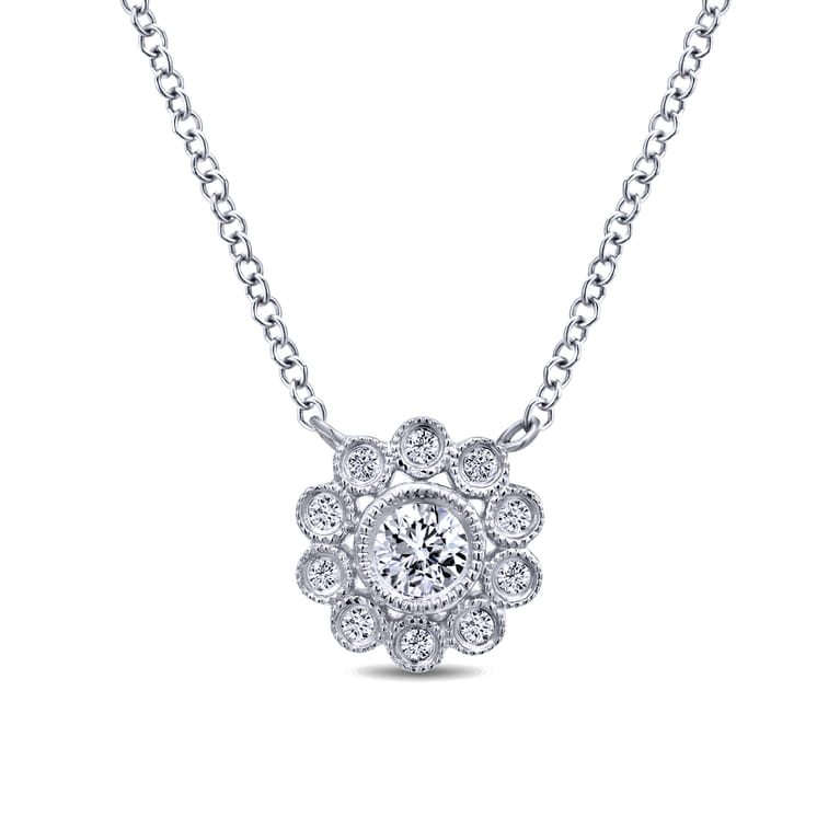 Floral - 14K White Gold Bezel Set Floral Diamond Pendant Necklace - 0.25 ct - Shot 1
