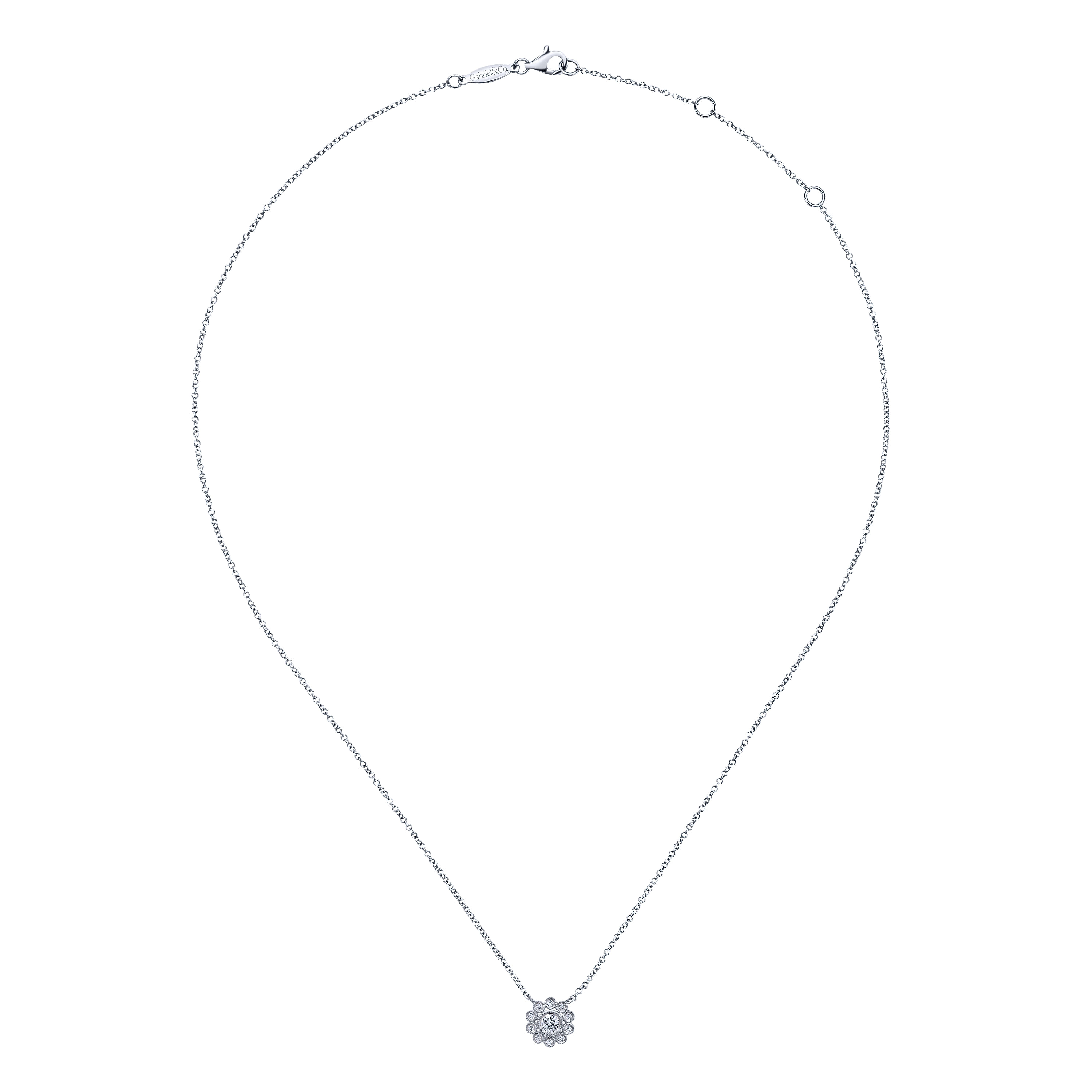 Floral - 14K White Gold Bezel Set Floral Diamond Pendant Necklace