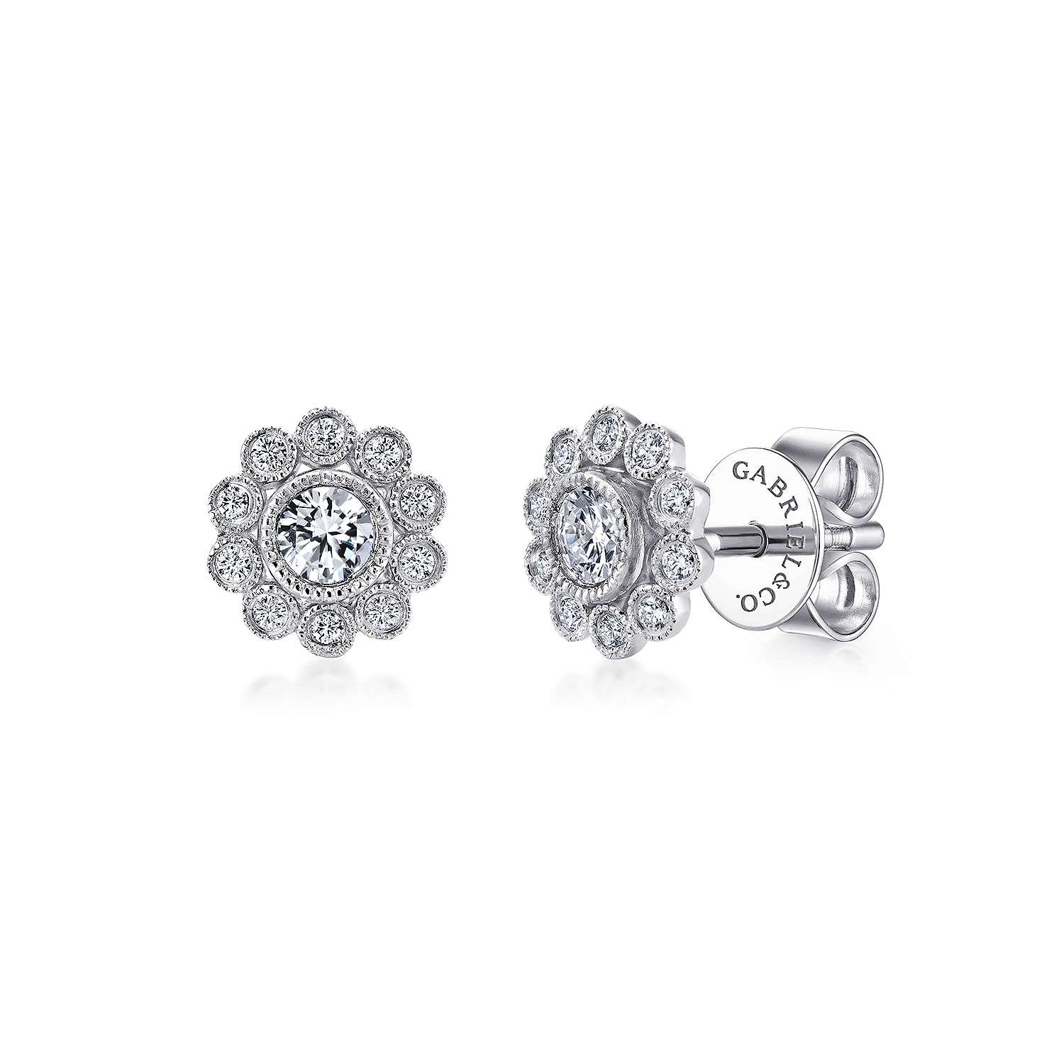 Floral - 14K White Gold Bezel Set Round Diamond Flower Stud Earrings