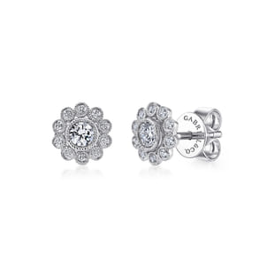 Floral - 14K White Gold Bezel Set Round Diamond Flower Stud Earrings