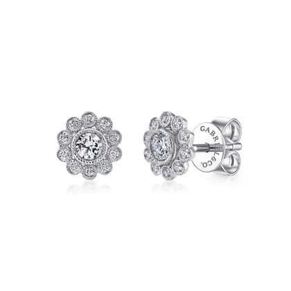 Floral - 14K White Gold Bezel Set Round Diamond Flower Stud Earrings