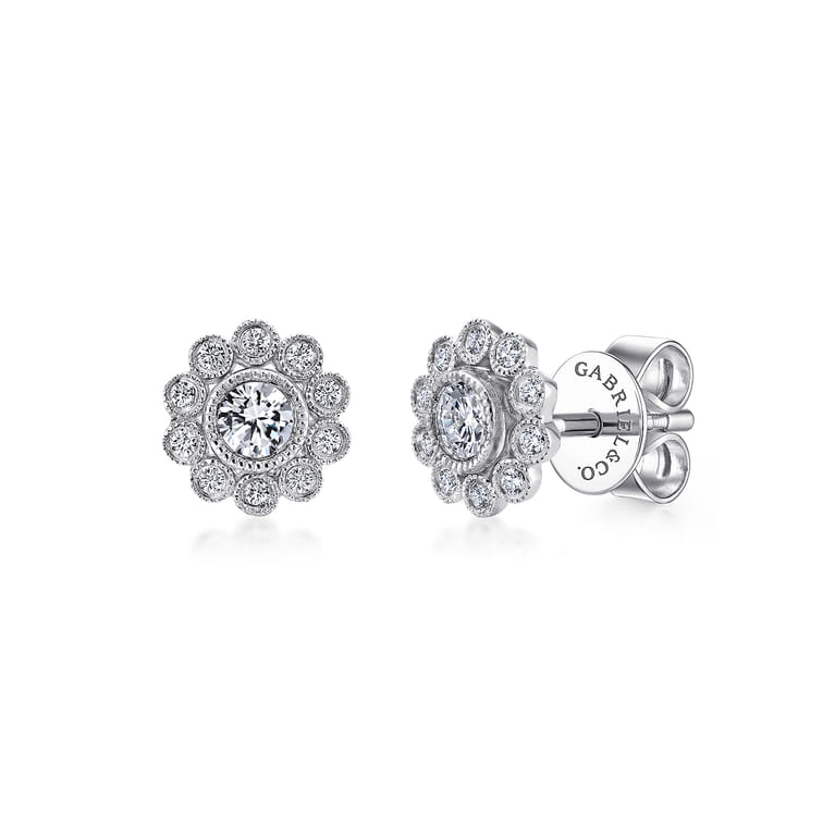 Floral - 14K White Gold Bezel Set Round Diamond Flower Stud Earrings - 0.25 ct - Shot 1