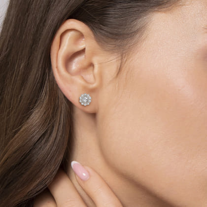 Floral - 14K White Gold Bezel Set Round Diamond Flower Stud Earrings