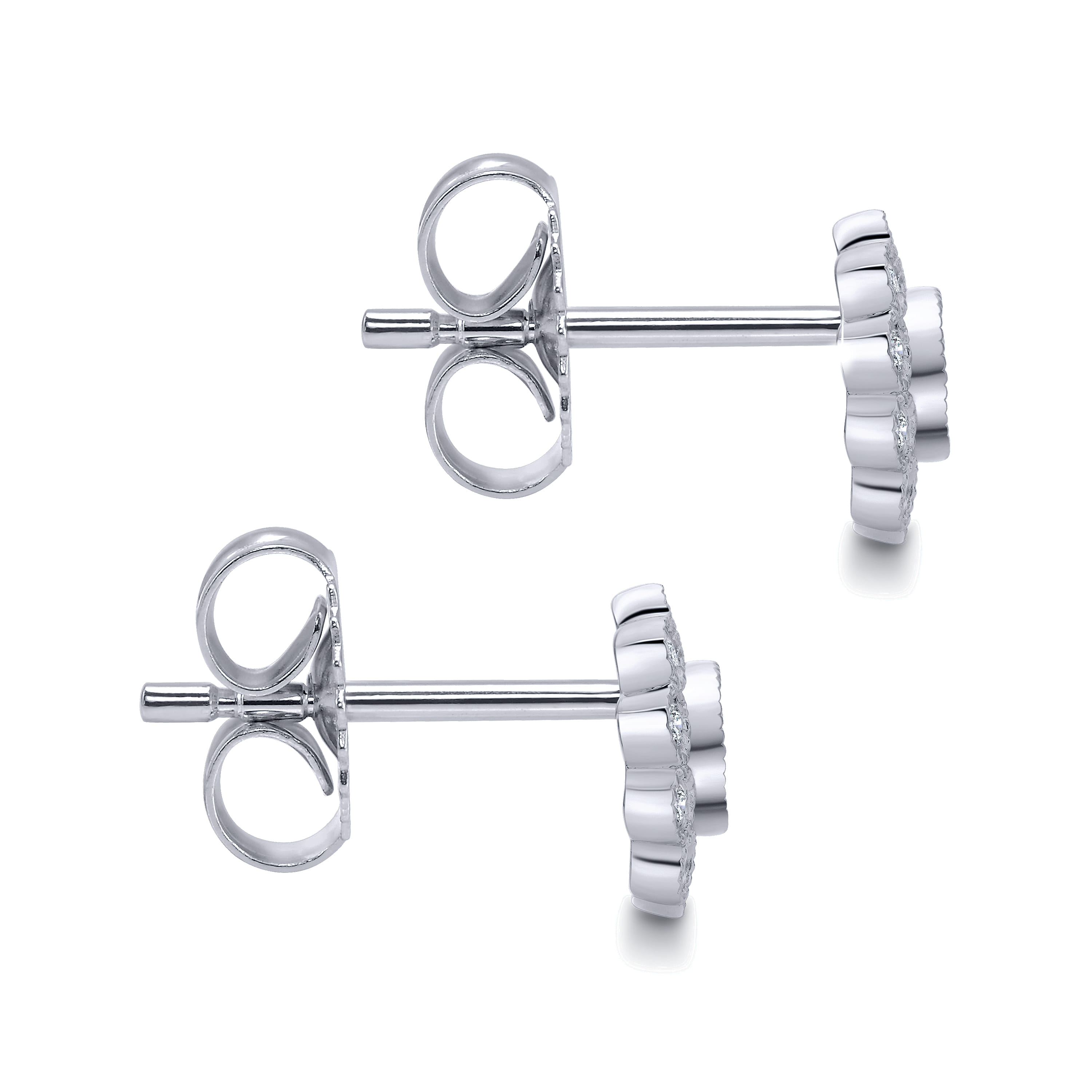 Floral - 14K White Gold Bezel Set Round Diamond Flower Stud Earrings