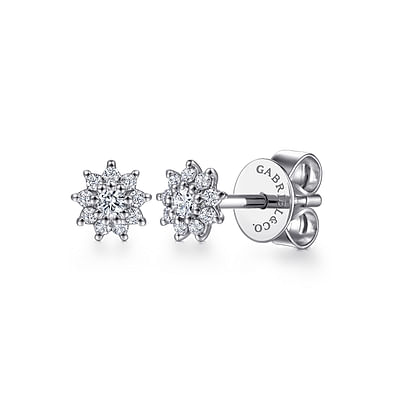 Floral - 14K White Gold Cluster Diamond Flower Stud Earrings