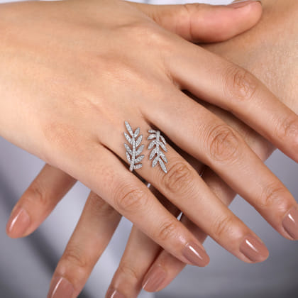 Floral - 14K White Gold Diamond Bypass Leaf Ring
