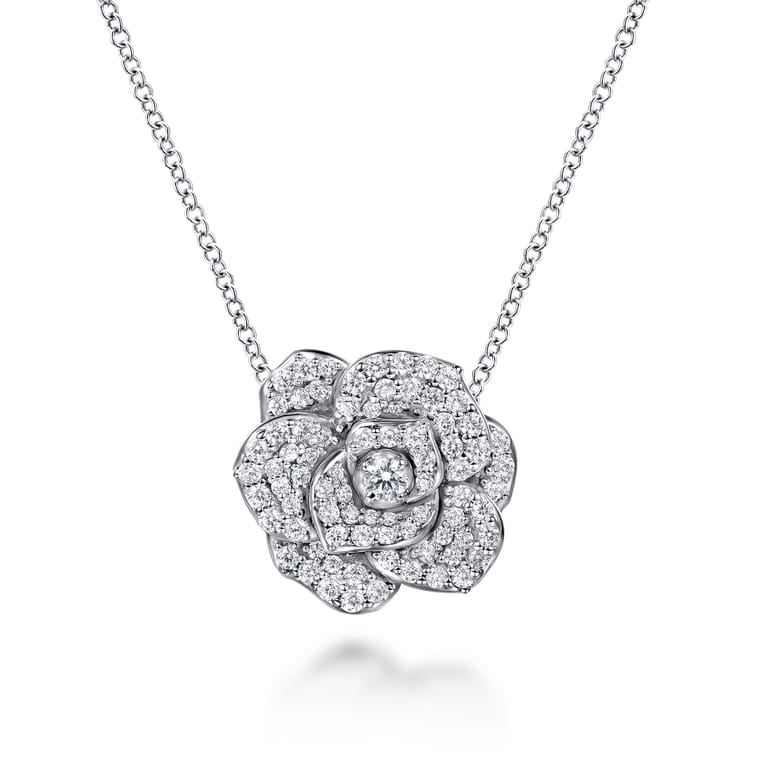 Floral - 14K White Gold Diamond Floral Station Necklace - 0.7 ct - Shot 1
