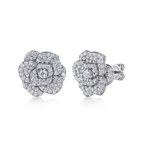 Floral - 14K White Gold Diamond Floral Stud Earrings