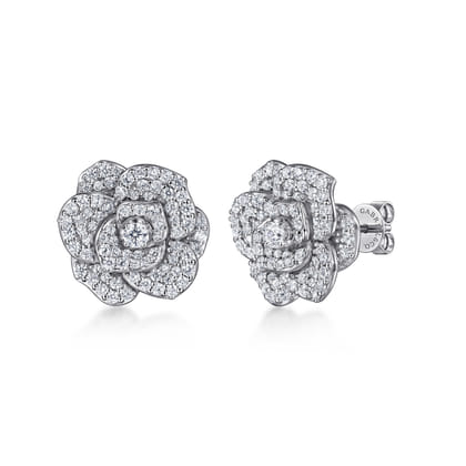 Floral - 14K White Gold Diamond Floral Stud Earrings