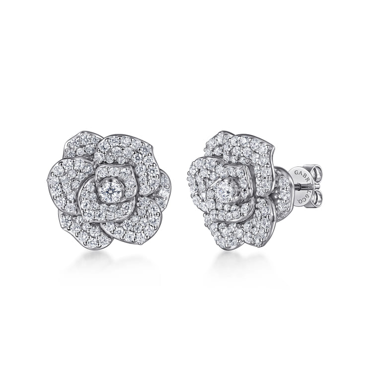 Floral - 14K White Gold Diamond Floral Stud Earrings - 1 ct - Shot 1