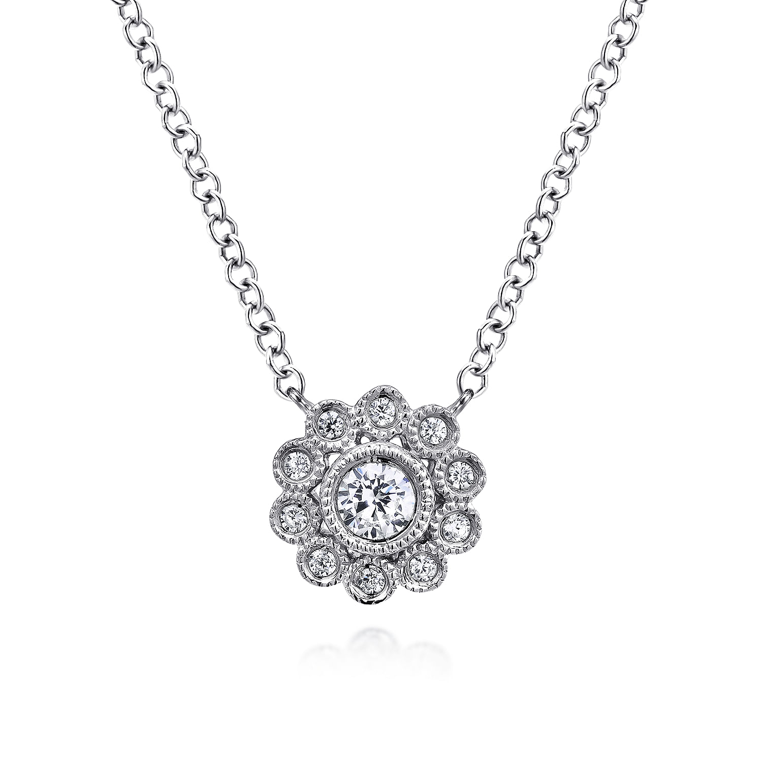 Floral - 14K White Gold Diamond Flower Pendant Necklace