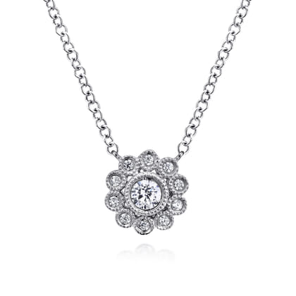 Floral - 14K White Gold Diamond Flower Pendant Necklace