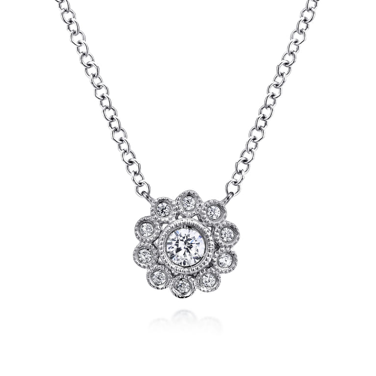 Floral - 14K White Gold Diamond Flower Pendant Necklace - 0.12 ct - Shot 1