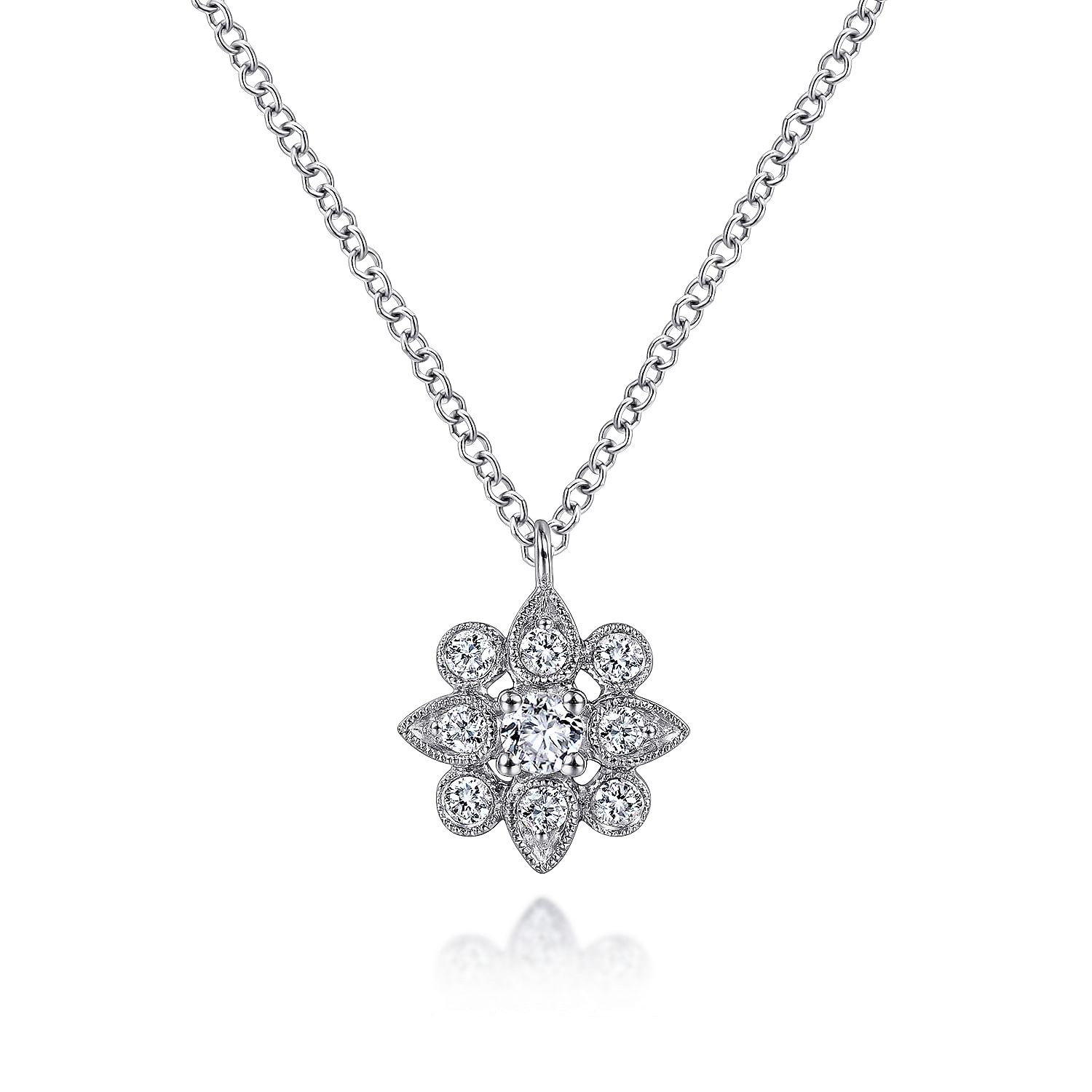 Floral - 14K White Gold Diamond Flower Pendant Necklace