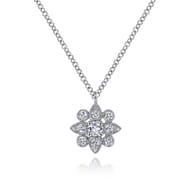 Floral - 14K White Gold Diamond Flower Pendant Necklace