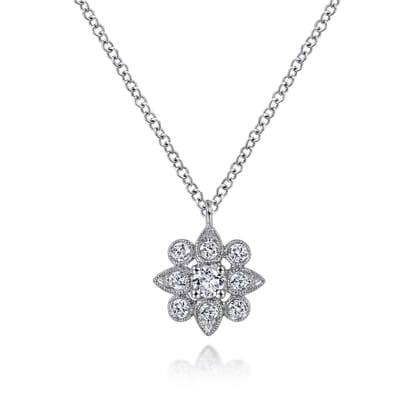 Floral - 14K White Gold Diamond Flower Pendant Necklace