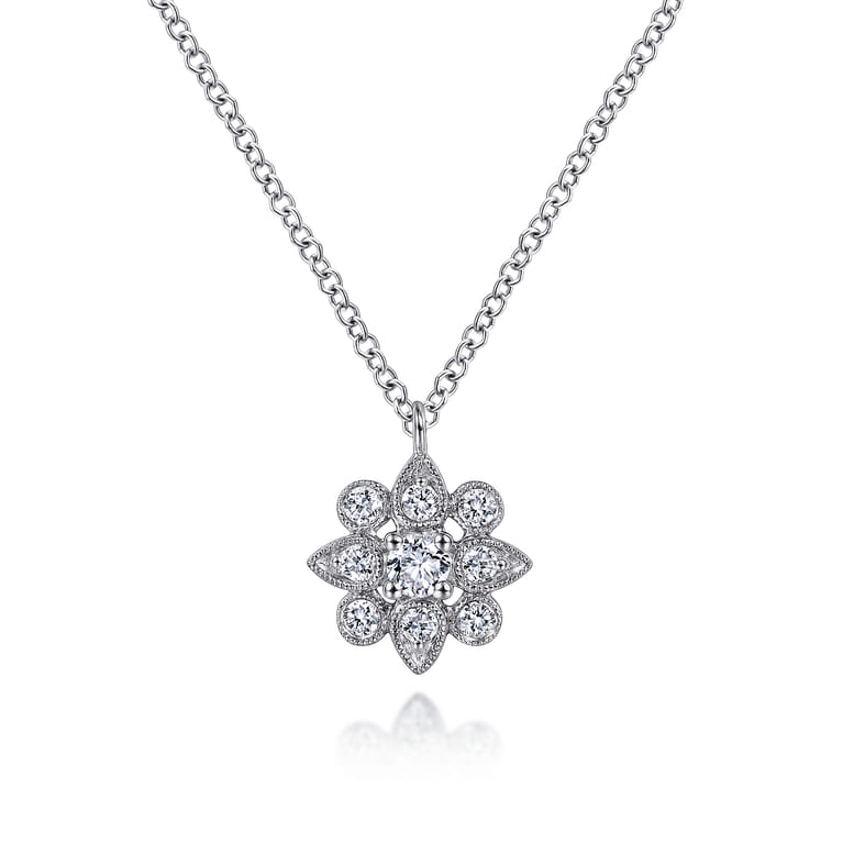 Floral - 14K White Gold Diamond Flower Pendant Necklace - 0.22 ct - Shot 1