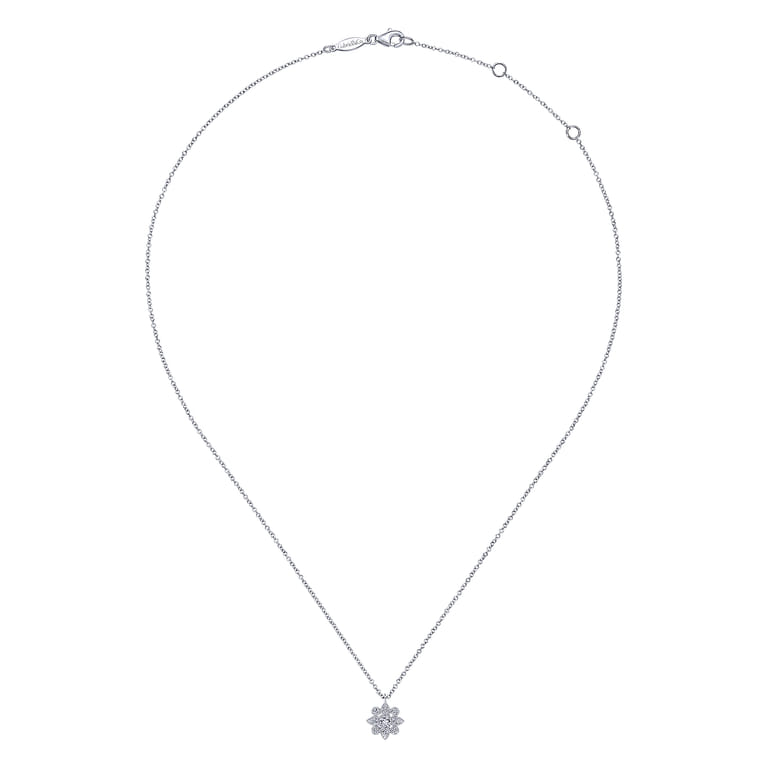 Floral - 14K White Gold Diamond Flower Pendant Necklace - 0.22 ct - Shot 2
