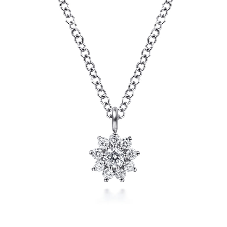 Floral - 14K White Gold Diamond Flower Pendant Necklace - 0.11 ct - Shot 1