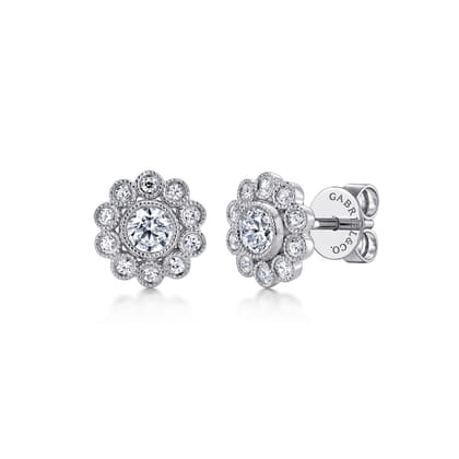Floral - 14K White Gold Diamond Flower Stud Earrings