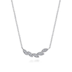 Floral - 14K White Gold Diamond Leaf Curved Bar Necklace