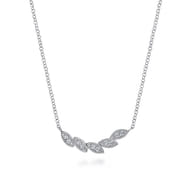 Floral - 14K White Gold Diamond Leaf Curved Bar Necklace