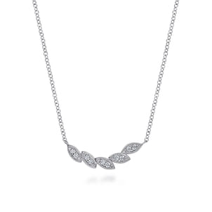 Floral - 14K White Gold Diamond Leaf Curved Bar Necklace