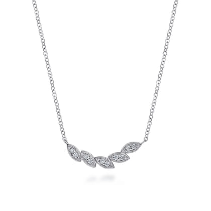 Floral - 14K White Gold Diamond Leaf Curved Bar Necklace