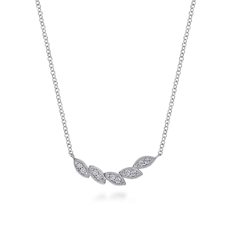 Floral - 14K White Gold Diamond Leaf Curved Bar Necklace - 0.08 ct - Shot 1
