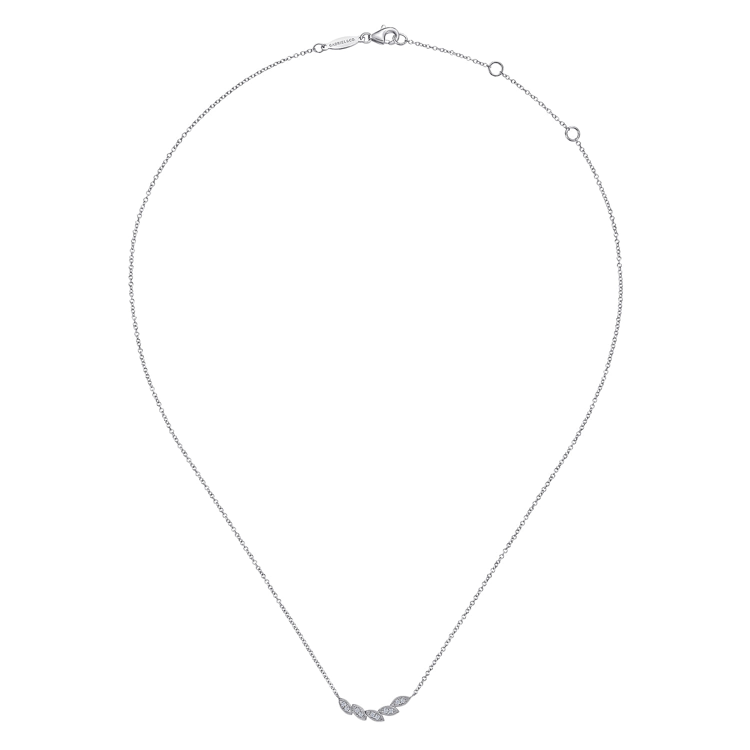 Floral - 14K White Gold Diamond Leaf Curved Bar Necklace