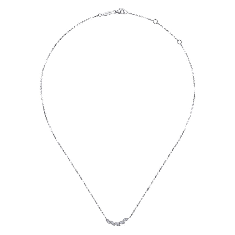 Floral - 14K White Gold Diamond Leaf Curved Bar Necklace - 0.08 ct - Shot 2